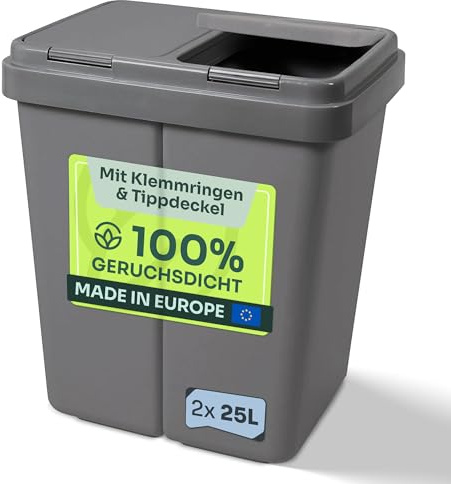 Gardissimo Duo Bin Müllbehälter Grau mit Deckel 2 x 25 Liter