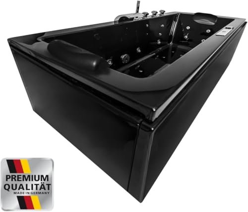 Whirlpool Badewanne Relax Profi – Schwarz – Made in Germany – (170x75 cm) Eckmontage Links oder Rechts – mit 22/24 Massagedüsen, Mit Armaturen, Ozon Desinfektion, Heizung, LED, Bluetooth-Radio