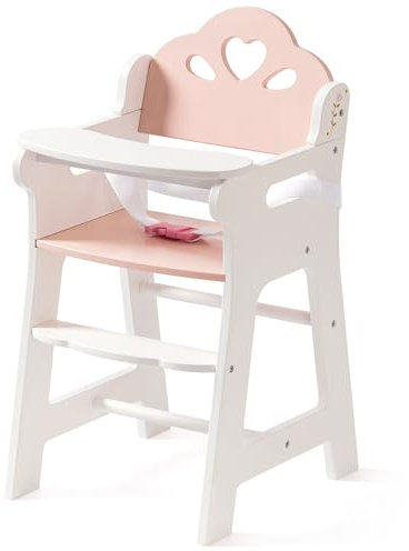 ROBOTIME Baby Puppen Hochstuhl, Holz Puppenmöbel für Puppen bis 18 Zoll, mit Sicherheitsgurt & Fußablage, Stabiler & stilvoller Puppen Fütterungsstuhl, Puppenzubehör für Kinder ab 3 Jahren (Weiß)