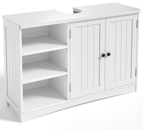 Bealife Meuble sous Lavabo, Meuble de Salle de Bain, Placard Salle de Bain avec 2 Portes, Compartiment Ouvert, Étagère Réglable, 30x90x60 cm, Blanc