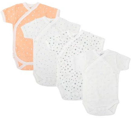 BABIDU | Pack 4 Bodys Bebé Abertura Hombro Manga Corta Algodón 100% Suave Transpirable, Body Recién Nacido Unisex Primera Puesta Niño y Niña, Ideal para Uso Diario y Piel Sensible