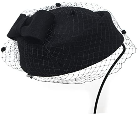 ROMISBABA Damen Wollfilz Pillbox Hut mit Schleife und Schleier Eleganter Fascinator für Hochzeiten Partys und Cosplay Schwarz Warm und
