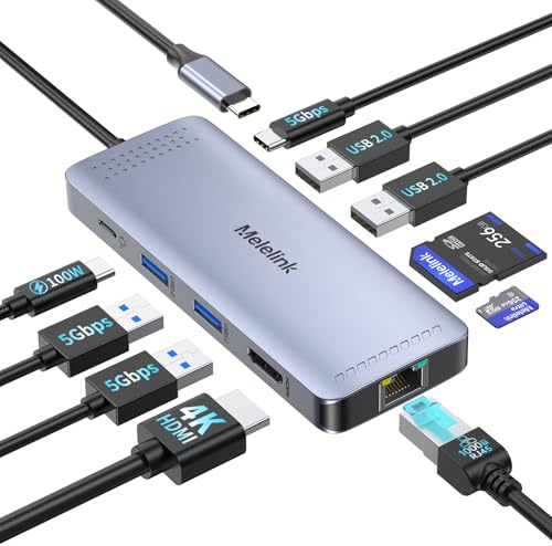 Melelink USB C Hub Ethernet, 10 in 1 USB-C to HDMI 4K@60 Adapter with Gigabit Ethernet, 100W PD, USB-A&C Data Ports and SD/TF Slot, USBC Dock MultiPort Dongle for MacBook, Dell, HP, Lenovo, etc