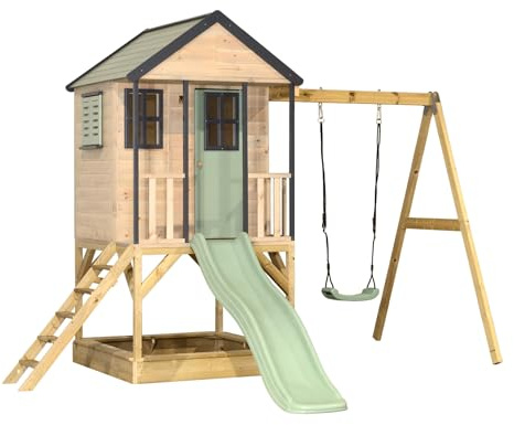 Wendi Toys M50PGN Cabane sur Pilotis avec Toboggan et Balançoire, Maison de Jeu en Bois FSC pour Enfants, Outdoor Jardin, Plateforme 90 cm, Toboggan 175 cm, Bac à Sable, Résistant aux Intempéries