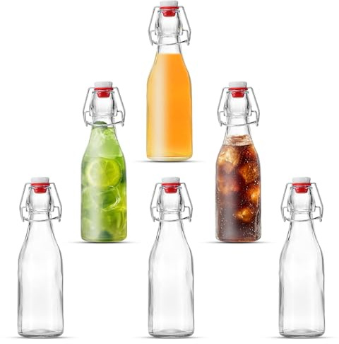 Feirdhoo Glasflaschen zum Befüllen 250ml, 6 Stück Flaschen mit Bügelverschluss,Auslaufsichere Bügelflaschen,Schnapsflaschen zum Befüllen für Öl,Essig,Sirup,Cola,Saft & Limonade