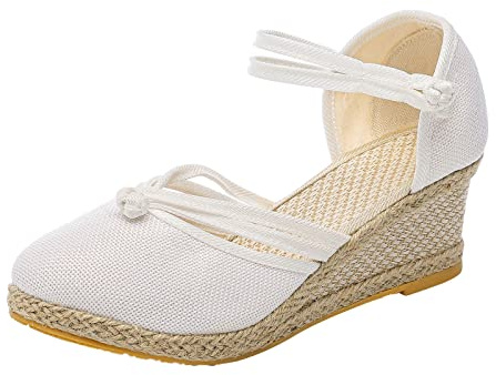 Sandaletter, dam, med kilklack, sommarskor, dam, eleganta, stängda, fritidssandaler med spännband, stängda, damskor, linne, tyg, lätta damsandaler, fritidsskor, Vit, 42 EU