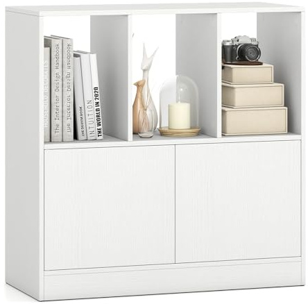 COSTWAY 3-Cube Bookcase with Doors, Modern Bookshelf Open Storage Organizer Unit, Freestanding Cupboard Book Shelf for Home Office, Study and Living Room (White)