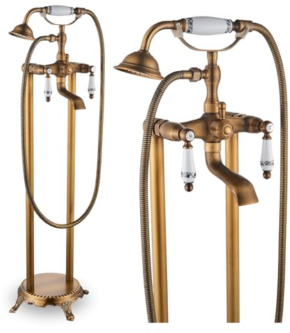 Robinet de baignoire sur pied rétro avec douchette et bec pivotant à 180° - Montage au sol - Cartouche en céramique - Bec cascade pour baignoire (laiton/céramique)