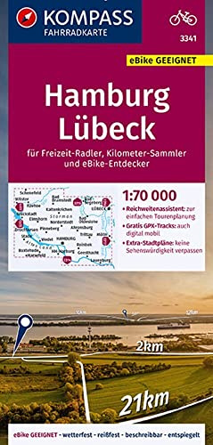KOMPASS Fahrradkarte 3341 Hamburg, Lübeck 1:70.000: reiß- und wetterfest mit Extra Stadtplänen