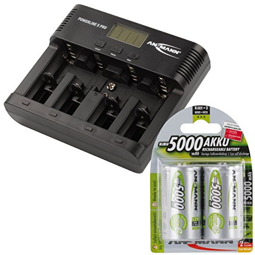 ANSMANN Batteriladdare för AA/AAA/C/D/9V Block NiMH batterier – batteriladdare med 5 laddningsprogram: Laddning, urladdning, testning, uppdatering, snabbladdning USB – Powerline 5 Pro 2 x 5 000 mAh