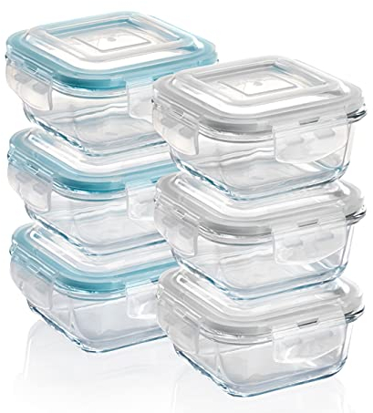Grizzly Contenitore per Alimenti in Vetro – Set da 6 – Capacità 320 ml – Quadrato Adatti per Forno - Frigo e Congelatore – Ermetico Anti Perdite – Lavabile in Lavastoviglie - senza BPA