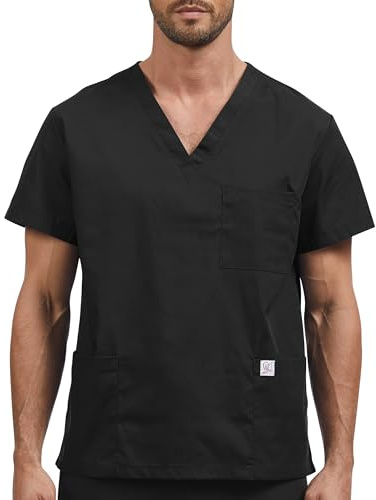 JONATHAN UNIFORM Blouse Médicale Homme Coton 3 Poches Tenue Médecin Manches Courtes, V Col Vêtements Médicaux Tunique Medicale Homme (Noir, M)