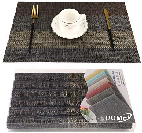 OUME Tischsets Abwischbar 6er Set Platzset Abwaschbar PVC rutschfest Abgrifffeste Hitzebeständig Platzdeckchen für Zuhause Restaurant, 30 x 45cm (Schwarzes Gold)