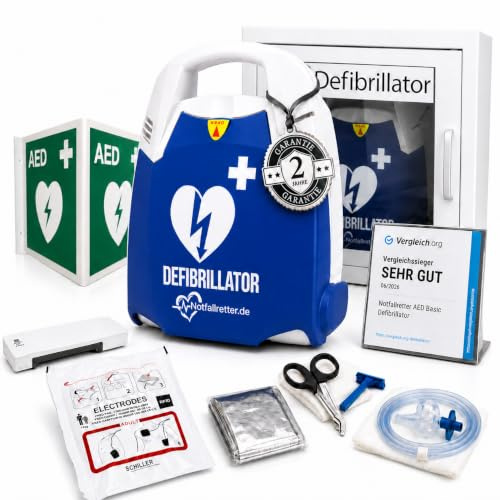 Notfallretter AED Basic Defibrillator Komplett Set mit Metallwandschrank [2 Jahre Garantie] Vollautomat, Erste Hilfe Set, 6 J. Batterie, für Betrieb, Gemeinde, Verein & Praxis, First Aid Kit