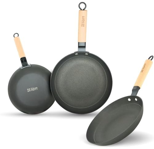 lätt Home Set de Poêles en Fonte Antiadhésives – Compatibles Induction, Gaz, Vitrocéramique, Électrique, Four et Lave-vaisselle – Manche Amovible en Bois Clair – Lot 3 Poêles 20-24-28 cm