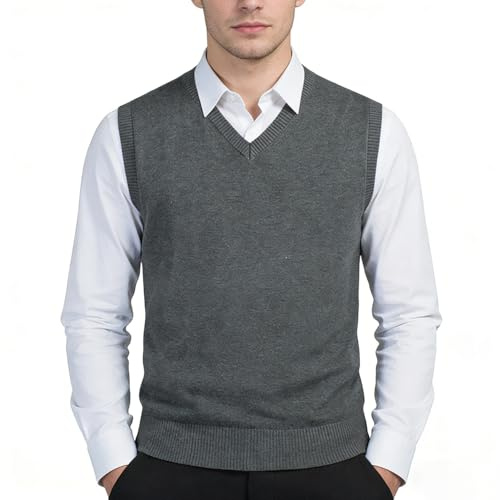 MANBOZIXi Maglioni Senza Maniche da Uomo Gilet in Maglia con Scollo a V, Grigio 2XL