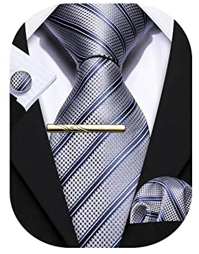 Barry.Wang Herren Seiden-Geschäftskrawatten mit Taschentuch Manschettenknopf-Streifen Plaid-Krawatten-Set Feierliche Hochzeit