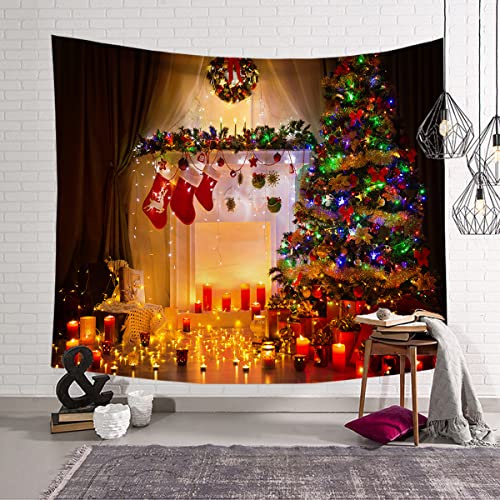 Tapiz de pared de Navidad, colorido tapiz de Navidad, chimenea, árbol de Navidad, poliéster, para colgar en la pared, telón de fondo de fotos, sala de estar, dormitorio, decoración de 7-150 x 200