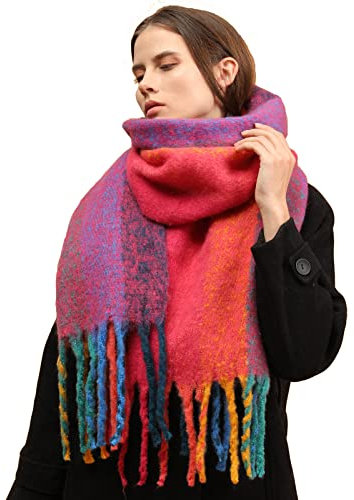 Temminc Warmer Winterschal für Damen, bunt, weich, bequem, elegant, kaltes Wetter, modisch, langer Schal, geflochten, Pigtail-Quaste, Red