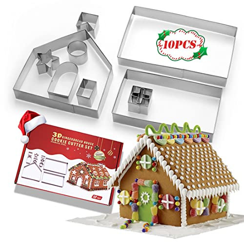 SUNCHE 3D Casa Galleta De Jengibre, Molde de Galletas Navideñas, Christmas Gingerbread House, Acero Inoxidable Galletas Cortador, Juego de Cortadores de Galletas para Navidad, 10 Piezas