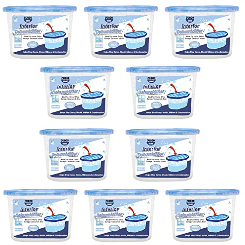 CUQOO Disposable Dehumidifier for Home 500ml, Pack of 10 Moisture Absorber Dehumidifiers for Damp, Mould, Kitchen, Wardrobe, Bedroom, Caravan, Office, Garage, Bathroom - Mini Condensation Absorbers
