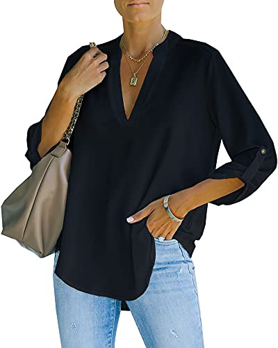 NONSAR Blusa elegante para mujer con cuello en V, blusa Henley con mangas que se pueden remangar, blusa suelta, Negro , XXL