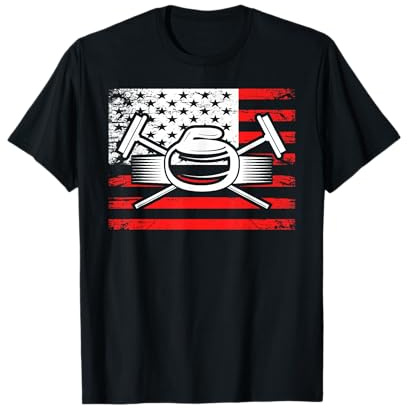 Curling Players Rock Broom USA American Flag Winter Sports T-Shirt
