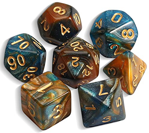 QMAY Polyedrisches Würfel Set - 7 Stück DND Dice (Blau und Braun + Glitter) | Spielwürfel mit Beutel für Dungeon und Dragons MTG RPG D&D, D20, D12, D10, D%, D8, D6, D4