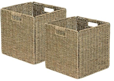 Box and beyond - Lot de 2 Paniers de Rangement - 31 x 31 x 31 cm - Jonc de Mer Naturel - Pliables - Avec Poignées - Rangement, Déco - Chambre, Salon, Bureau - Style Bohème et Chic