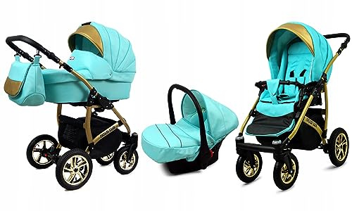 BabyLux® Carrito de Bebé Sistema de Viaje Set 3 en 1 - Gold Lux - incl. Capazo, Silla de Paseo, Silla Coche - Cochecito - con Bolso cambiador, Cubierta para la lluvia, Mosquitera etc.