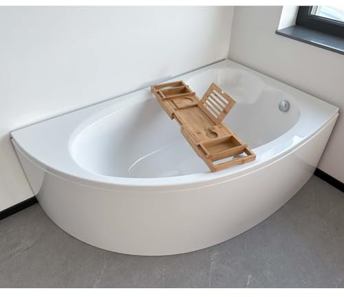 ECOLAM® Badewanne Wanne Eckwanne Eckbadewanne Acrylwanne Carmen 170x100 cm RECHTS + Bambusablage + Schürze Acryl Ablaufgarnitur Ab- und Überlauf Automatik Alcaplast Füße Silikon Komplett-Set