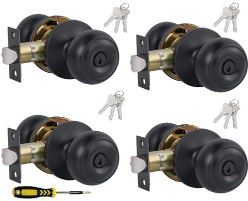 Paquete de 4 pomos de puerta de entrada con cerradura y llave igual, cerraduras de puerta plana para interior/exterior para dormitorio, baño, puertas delanteras, oficinas, acabado negro mate