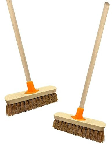 Indoor/Outdoor Traditional 10 Coco & 12 Bassine Wooden Sweeping Brushes | With Support Bracket Suitable For Home, Garden & Yards