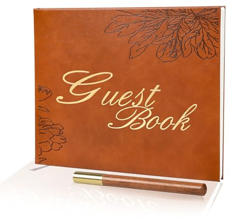 Leather Wedding Guest Book,Visitor Log Guest Book for Vacation Home,Wedding Reception,Funeral,Party,Memorial Service,10.3x8'' Embossed Open House Guest Sign in Book with Wood Grain Pen for Guests