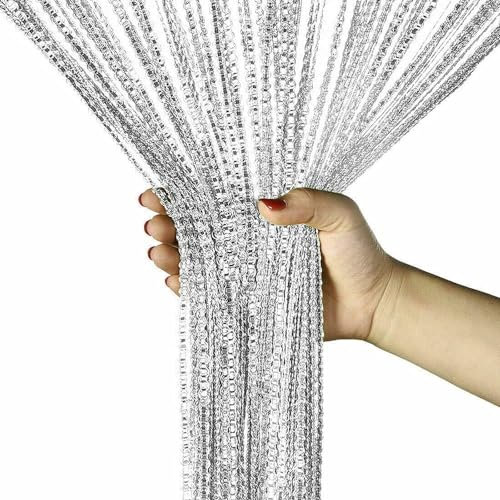 Seven-Flower String Curtain Panels Door Fly Screen Room Divider Net Hanging Glitter Curtains,Decorative Tassel Ribbon Strip Silver Screen for Living room,Bedroom,Party Events (White, 39 x 79)