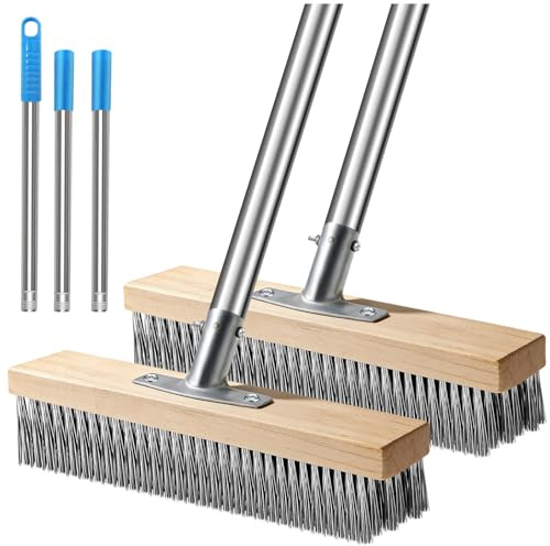 KutaKuta 2 Piezas Escoba de Alambre de Acero, Cepillo Limpieza con Mango Largo de 120CM, Cepillo Cesped Artificial para Eliminar de Musgo, Malas Hierbas, para Limpiar Patio, Terraza y Jardín Cruzada