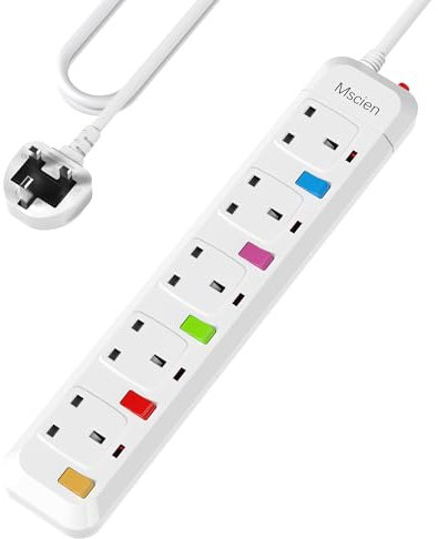 Mscien 1M Extension Lead 5 Way Independent Switch, Surge Protected Extension Lead, UK Power Strip Wall Mountable with 1 Metre Extension Cord, 5 Gang Multi Plug Extension Sockets