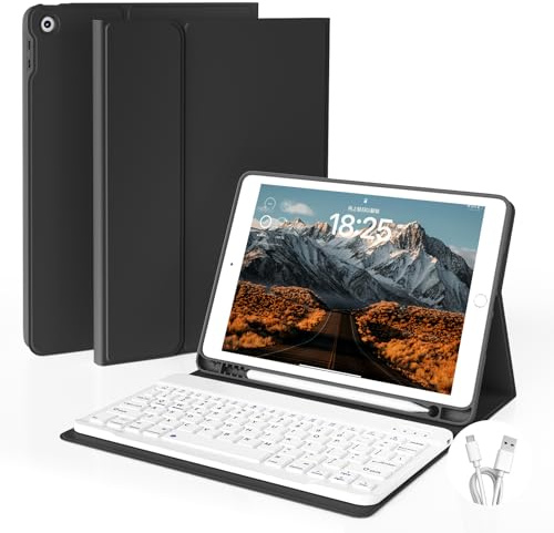 JKSML Funda de teclado para iPad de 9ª/8ª/7ª generación (2021/2020/2019) de 10.2 pulgadas con soporte para lápices, teclado Bluetooth inalámbrico desmontable, funda trasera de TPU suave para iPad de