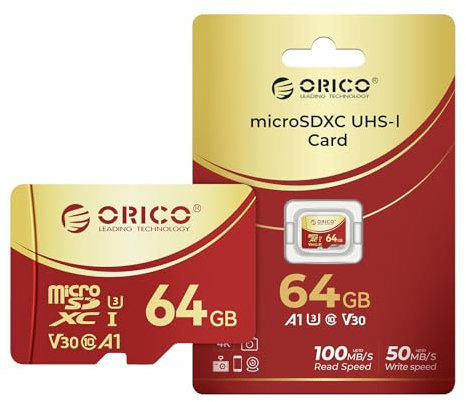 ORICO F3 64GB microSDXC UHS-I Memory Card, 100MB/s, 4K UHD Recoding, U3, Class10, V30, A1, Micro SD per Action Camera, Dash Cam, TF Card