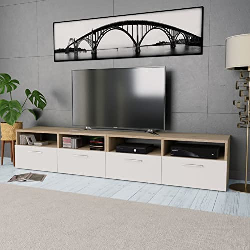 IKAYAA Mueble para TV de 190 cm, Armario Bajo, Muebles de Salón, Aparador TV Salón, Diseño Moderno, Elegante, Roble y Blanco, 190 x 35 x 36 cm
