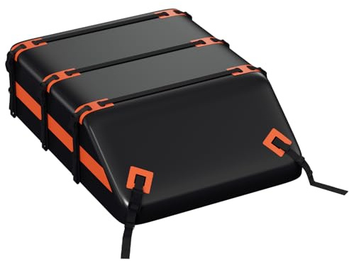 Eikuavons Dachbox Auto 595L Faltbare Wasserdicht 21 Kubikfuß mit Aufbewahrungstasche, Antirutschmatte, Zahlenschloss, Haken für mit/ohne Dachträger Autos 700D PVC Schwarz-Orange