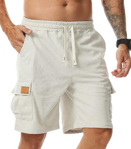 Comilaka Pantaloncini Cargo Uomo Shorts Estivi con Tasche Velluto a Coste Casual Pantaloni Corti Coulisse Vita Elasticizzata