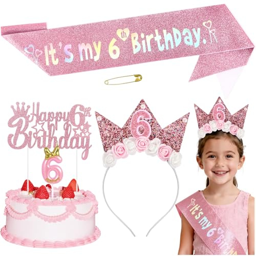 Birthday Party Decorations Set for Girls, Pink Birthday Headband Set with Glitter Sash, Cake Topper and Candle, Flower Crown for Princess Party Decorations Happy Birthdays Accessory (6TH)