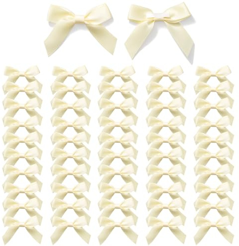 MORSUNBELA Arcos decoración pequeños lazos de regalo autoadhesivo lazo beige cinta de raso regalo para cumpleaños, boda, decoración navideña, tarjetas para hacer 50 piezas