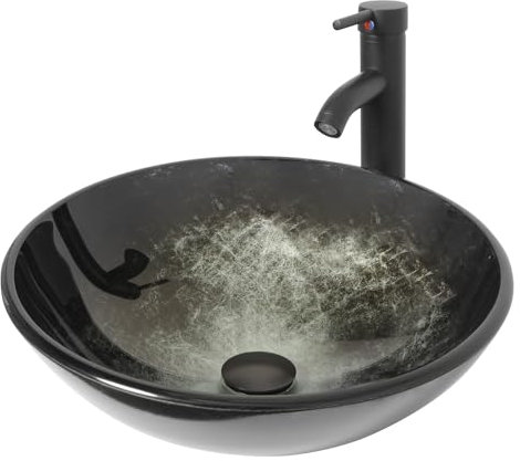 ZealWe Waschbecken Aufsatzwaschbecken Glas, Waschbecken Aufsatz Waschschale Rund für Badezimmer, Handwaschbecken Gäste WC 42 × 42 × 14 cm Waschtisch Waschplatz, Tintenblau