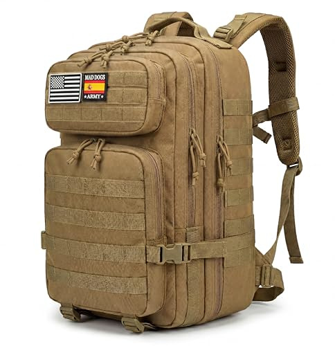 MAD DOGS Mochila Gimnasio 45L Hombre Mujer – Mochila Fitness Impermeable con Sistema MOLLE – Bolsa Deporte Crosstraining, Entrenamiento Funcional, Viaje Cabina Avión, Equipaje de Mano (KHAKI)