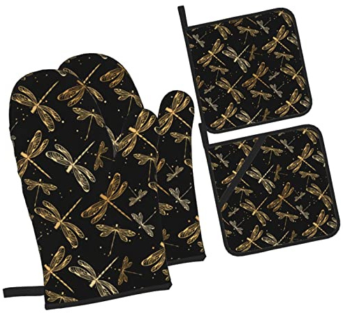 4 Pezzi Presine Da Cucina Set Gold Dragonfly Black Guanti Per Grigliare Divertenti Resistenti Guanti Da Barbecue Per Cottura Al Forno, Cottura Al Forno, Cucinare