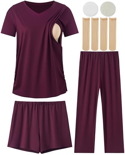 DANSHOW 5 Piece V Neck Maternity Nursing Pajamas Set Postpartum Pjs Breastfeeding Sleepwear, Nursing Breast Pads & Socks (HY237701-02B-XL) Burgundy