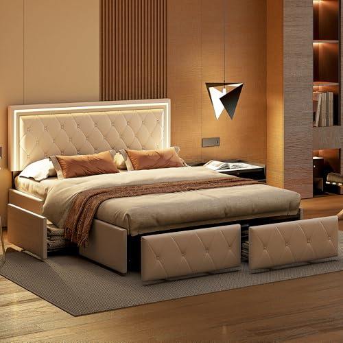 BestAlice Doppelbett 140 × 200, Softpack mit USB und LED Kopf und Schwanz, Bett aus Leinenmaterial mit 4 Schubladen aus Eisen, dunkelgrau 140 x 200 (160 x 200-Weiß)