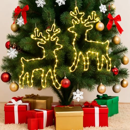 JYTGALX 2 Stück Weihnachts Rentier Lichterkette 120 warmweiß LED, 8 Modi, Timer Batteriebetriebene Fensterdeko für Weihnachten & Balkon